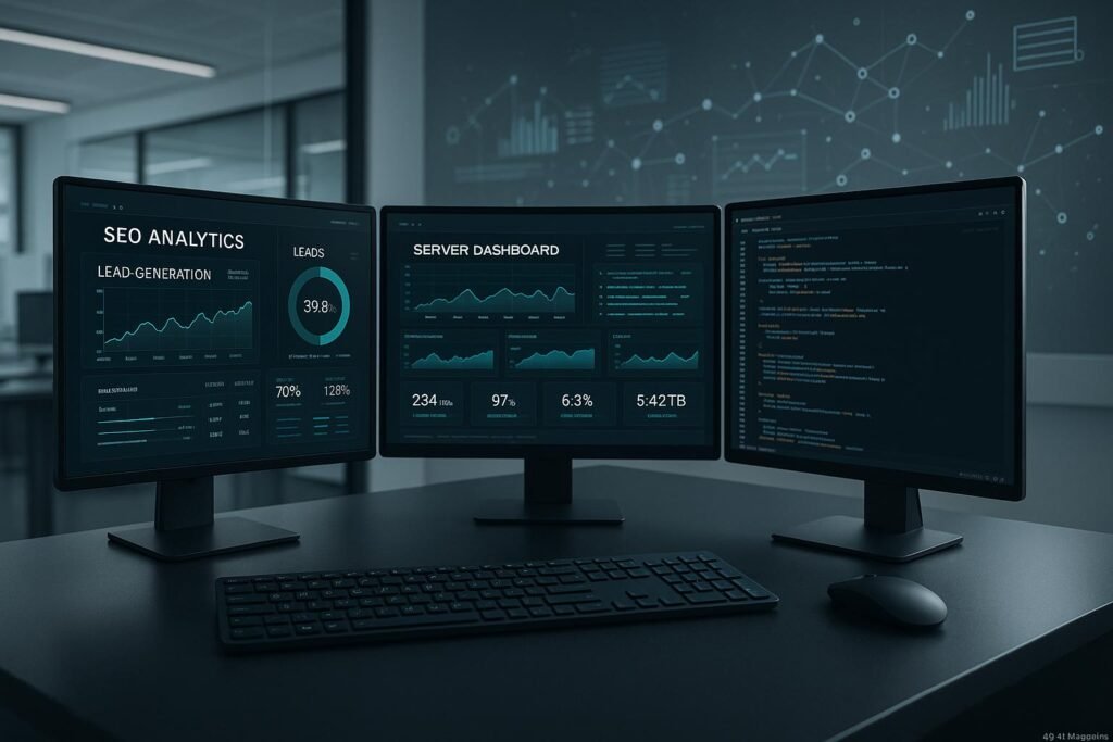 Hochtechnologischer Arbeitsplatz mit mehreren Monitoren, die SEO-Analysen und Netzwerkkarten zeigen, in einem minimalistischen Büro mit digitalen Elementen