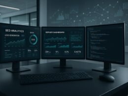 Hochtechnologischer Arbeitsplatz mit mehreren Monitoren, die SEO-Analysen und Netzwerkkarten zeigen, in einem minimalistischen Büro mit digitalen Elementen