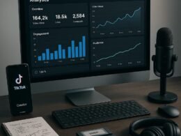 Moderner Arbeitsplatz mit Computermonitor, Smartphone, Mikrofon und Notizen, der TikTok-Analysen und Content-Erstellung visualisiert