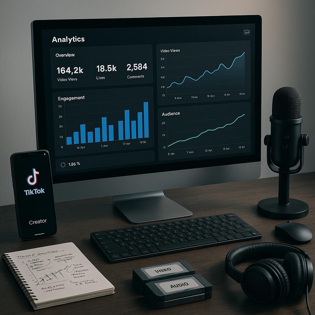Moderner Arbeitsplatz mit Computermonitor, Smartphone, Mikrofon und Notizen, der TikTok-Analysen und Content-Erstellung visualisiert