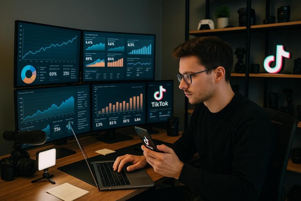 Person arbeitet an einem Laptop in einem modernen Arbeitsbereich mit Monitoren, Smartphone und Video-Setup, Regale mit Gadgets im Hintergrund, perfekt für TikTok Growth Hacking.