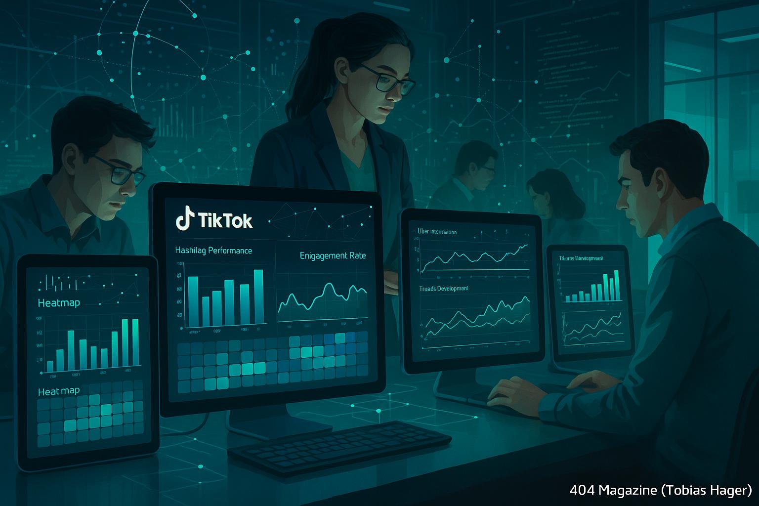 Detailliertes technikorientiertes Bild eines modernen TikTok-Analyse-Dashboards mit mehreren Monitoren, Datenvisualisierungen und holographischen Elementen, im Business-Casual-Umfeld.