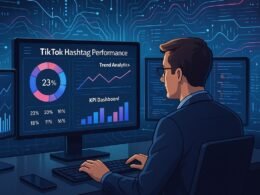 Ein professioneller Marketer arbeitet an einem eleganten Schreibtisch mit Bildschirmen, die Graphen, Datencharts und Programmier-Interfaces anzeigen, betont technische Analysen hinter Social-Media-Strategien.