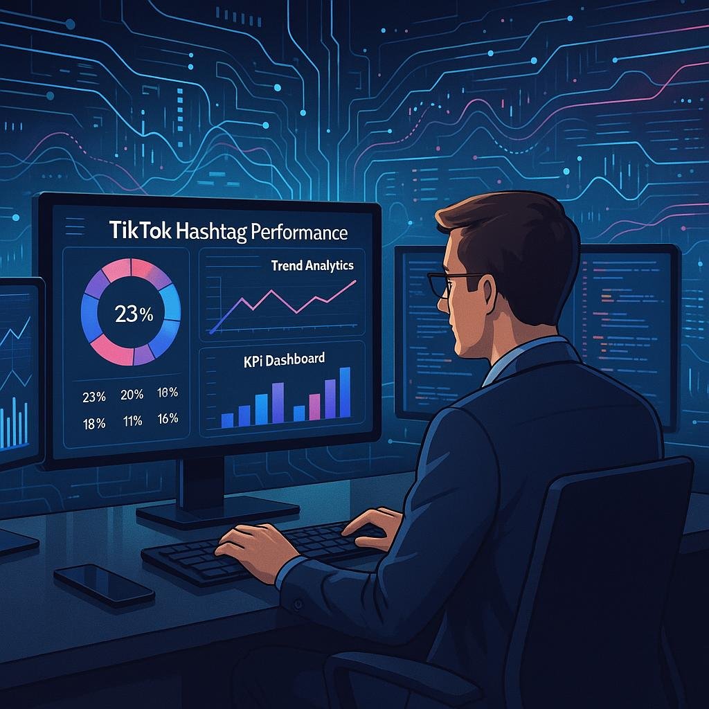 Ein professioneller Marketer arbeitet an einem eleganten Schreibtisch mit Bildschirmen, die Graphen, Datencharts und Programmier-Interfaces anzeigen, betont technische Analysen hinter Social-Media-Strategien.
