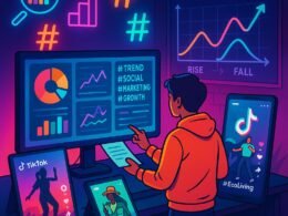 Dynamischer digitaler Arbeitsplatz mit Monitoren, TikTok-Videos, Trendcharts und Neonlichtern, zeigt Strategien im Social Media Marketing, Credit: 404 Magazine (Tobias Hager)