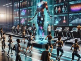 Vielfältige Athleten, die in einem futuristischen Fitnessstudio mit Wearables, Bewegungserfassung und holografischer Interaktion trainieren, im Hintergrund Display mit Datenvisualisierungen.