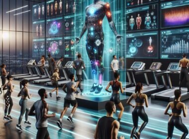 Vielfältige Athleten, die in einem futuristischen Fitnessstudio mit Wearables, Bewegungserfassung und holografischer Interaktion trainieren, im Hintergrund Display mit Datenvisualisierungen.