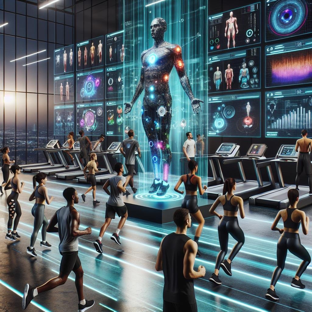 Vielfältige Athleten, die in einem futuristischen Fitnessstudio mit Wearables, Bewegungserfassung und holografischer Interaktion trainieren, im Hintergrund Display mit Datenvisualisierungen.