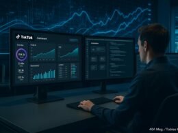 Moderne Arbeitsumgebung mit großen Bildschirmen, Dashboard und Datenströmen, die Wachstum visualisieren