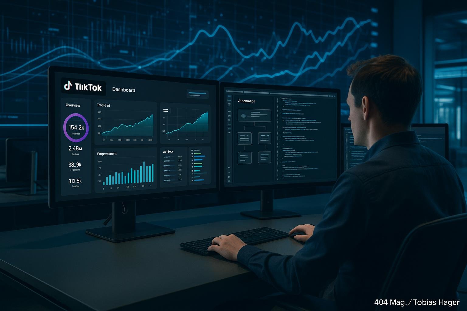 Moderne Arbeitsumgebung mit großen Bildschirmen, Dashboard und Datenströmen, die Wachstum visualisieren