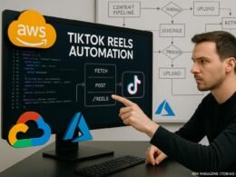 Moderner Arbeitsplatz mit Bildschirm, der Code und API-Diagramme für TikTok Reels Automatisierung zeigt, umgeben von Cloud-Service-Icons und Whiteboard mit Flussdiagrammen