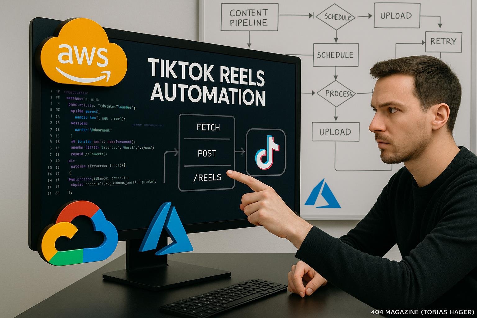 Moderner Arbeitsplatz mit Bildschirm, der Code und API-Diagramme für TikTok Reels Automatisierung zeigt, umgeben von Cloud-Service-Icons und Whiteboard mit Flussdiagrammen