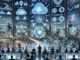 Futuristisches Digital-Marketing-Kontrollzentrum mit holographischen Bildschirmen, KI-Interfaces und einer modernen Büroumgebung mit Stadtblick im Hintergrund.