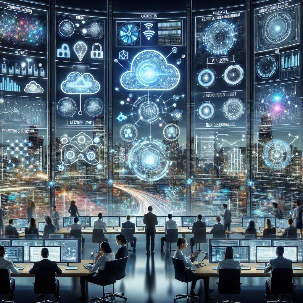 Futuristisches Digital-Marketing-Kontrollzentrum mit holographischen Bildschirmen, KI-Interfaces und einer modernen Büroumgebung mit Stadtblick im Hintergrund.