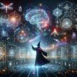 Futuristischer digitaler Magier schwingt virtuellen Zauberstab mit leuchtenden Daten- und Code-Symbole vor neonfarbenen Netzwerken und einem schimmernden KI-Gehirn im Hintergrund.