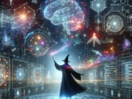 Futuristischer digitaler Magier schwingt virtuellen Zauberstab mit leuchtenden Daten- und Code-Symbole vor neonfarbenen Netzwerken und einem schimmernden KI-Gehirn im Hintergrund.