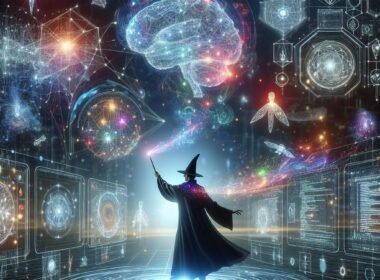 Futuristischer digitaler Magier schwingt virtuellen Zauberstab mit leuchtenden Daten- und Code-Symbole vor neonfarbenen Netzwerken und einem schimmernden KI-Gehirn im Hintergrund.