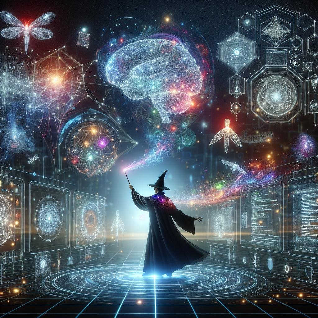 Futuristischer digitaler Magier schwingt virtuellen Zauberstab mit leuchtenden Daten- und Code-Symbole vor neonfarbenen Netzwerken und einem schimmernden KI-Gehirn im Hintergrund.