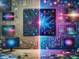 Split-Bild einer pixeligen, low-resolution Aufnahme auf der linken Seite und einer scharfen, hochauflösenden Version rechts, umgeben von digitalen Überlagerungen wie Schaltkreismustern und neuronalen Netzdiagrammen. Im Hintergrund ein moderner Arbeitsplatz mit Monitoren, die Code und Grafiken zeigen.