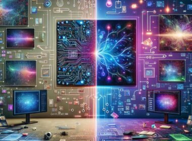 Split-Bild einer pixeligen, low-resolution Aufnahme auf der linken Seite und einer scharfen, hochauflösenden Version rechts, umgeben von digitalen Überlagerungen wie Schaltkreismustern und neuronalen Netzdiagrammen. Im Hintergrund ein moderner Arbeitsplatz mit Monitoren, die Code und Grafiken zeigen.