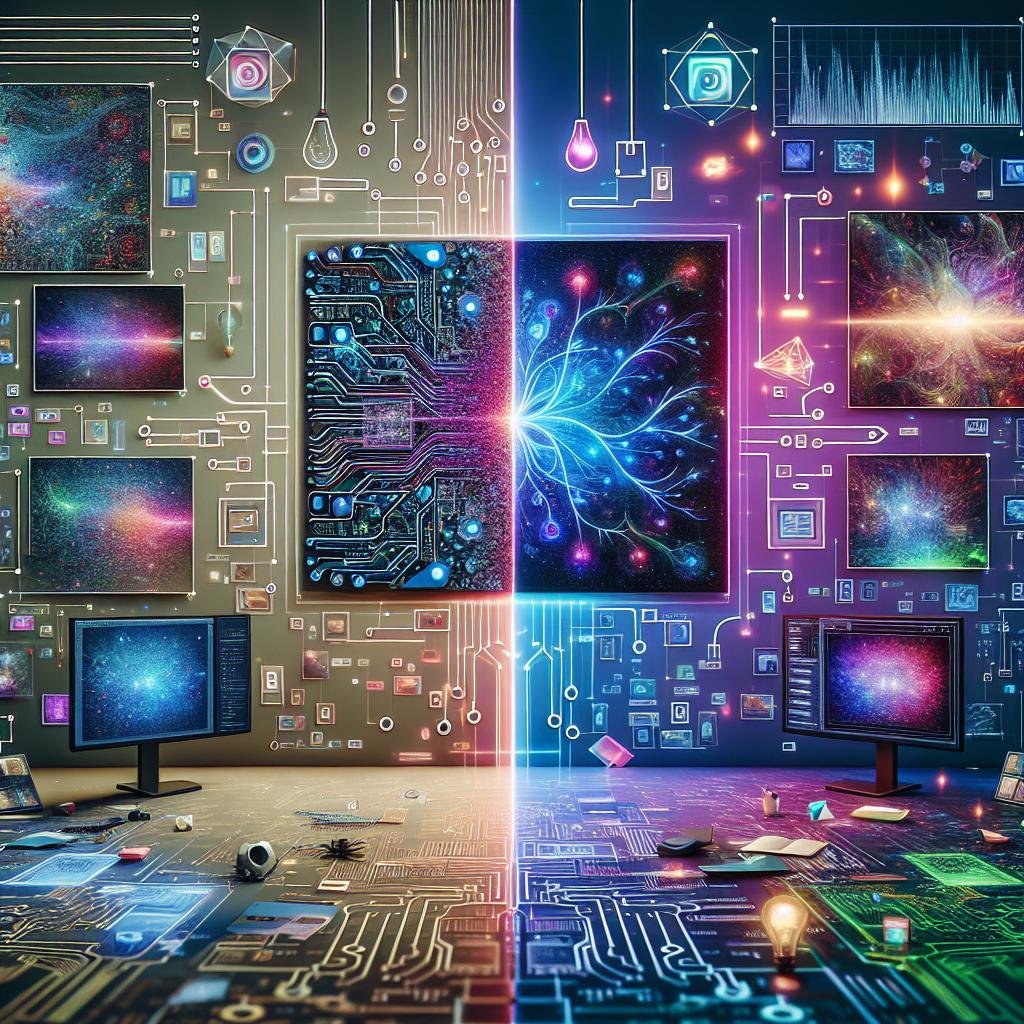 Split-Bild einer pixeligen, low-resolution Aufnahme auf der linken Seite und einer scharfen, hochauflösenden Version rechts, umgeben von digitalen Überlagerungen wie Schaltkreismustern und neuronalen Netzdiagrammen. Im Hintergrund ein moderner Arbeitsplatz mit Monitoren, die Code und Grafiken zeigen.