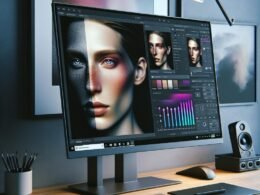 Moderner Arbeitsplatz mit hochauflösendem Monitor, Grafiktablett, Tastatur und Maustool, Display mit KI-basierter Bildbearbeitung von Porträts, im Hintergrund kreative Elemente wie Kunstdruck und Kameraequipment.