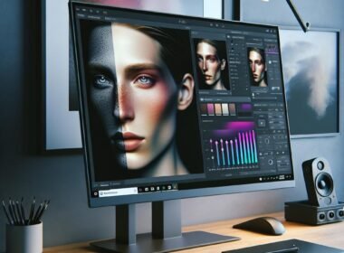 Moderner Arbeitsplatz mit hochauflösendem Monitor, Grafiktablett, Tastatur und Maustool, Display mit KI-basierter Bildbearbeitung von Porträts, im Hintergrund kreative Elemente wie Kunstdruck und Kameraequipment.