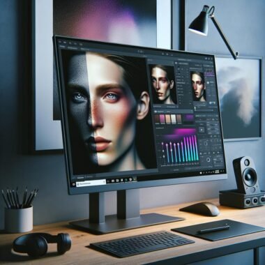 Moderner Arbeitsplatz mit hochauflösendem Monitor, Grafiktablett, Tastatur und Maustool, Display mit KI-basierter Bildbearbeitung von Porträts, im Hintergrund kreative Elemente wie Kunstdruck und Kameraequipment.