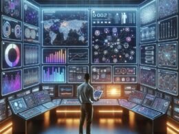 Ein modernes Digitales Kontrollzentrum mit mehreren Bildschirmen, die Verkehrsanalysen, KI-Algorithmen und Datenquellen anzeigen, mit einem Fachmann, der auf einem Tablet arbeitet.