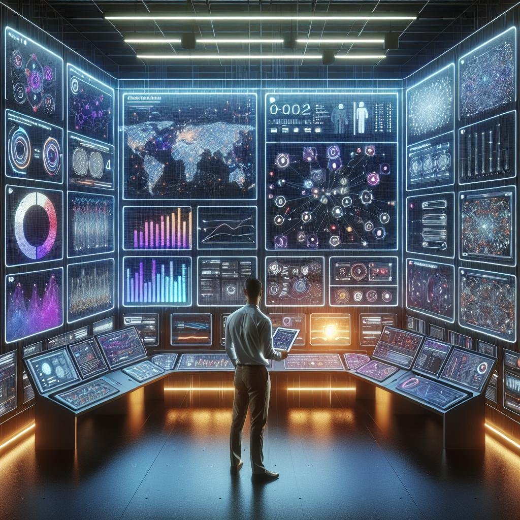 Ein modernes Digitales Kontrollzentrum mit mehreren Bildschirmen, die Verkehrsanalysen, KI-Algorithmen und Datenquellen anzeigen, mit einem Fachmann, der auf einem Tablet arbeitet.