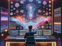Futuristisches Musikstudio mit digitaler Audio-Workstation, holographischen Diagrammen und einem jungen Musiker, der eine Melodie auf einem transparenten Touchscreen erstellt.