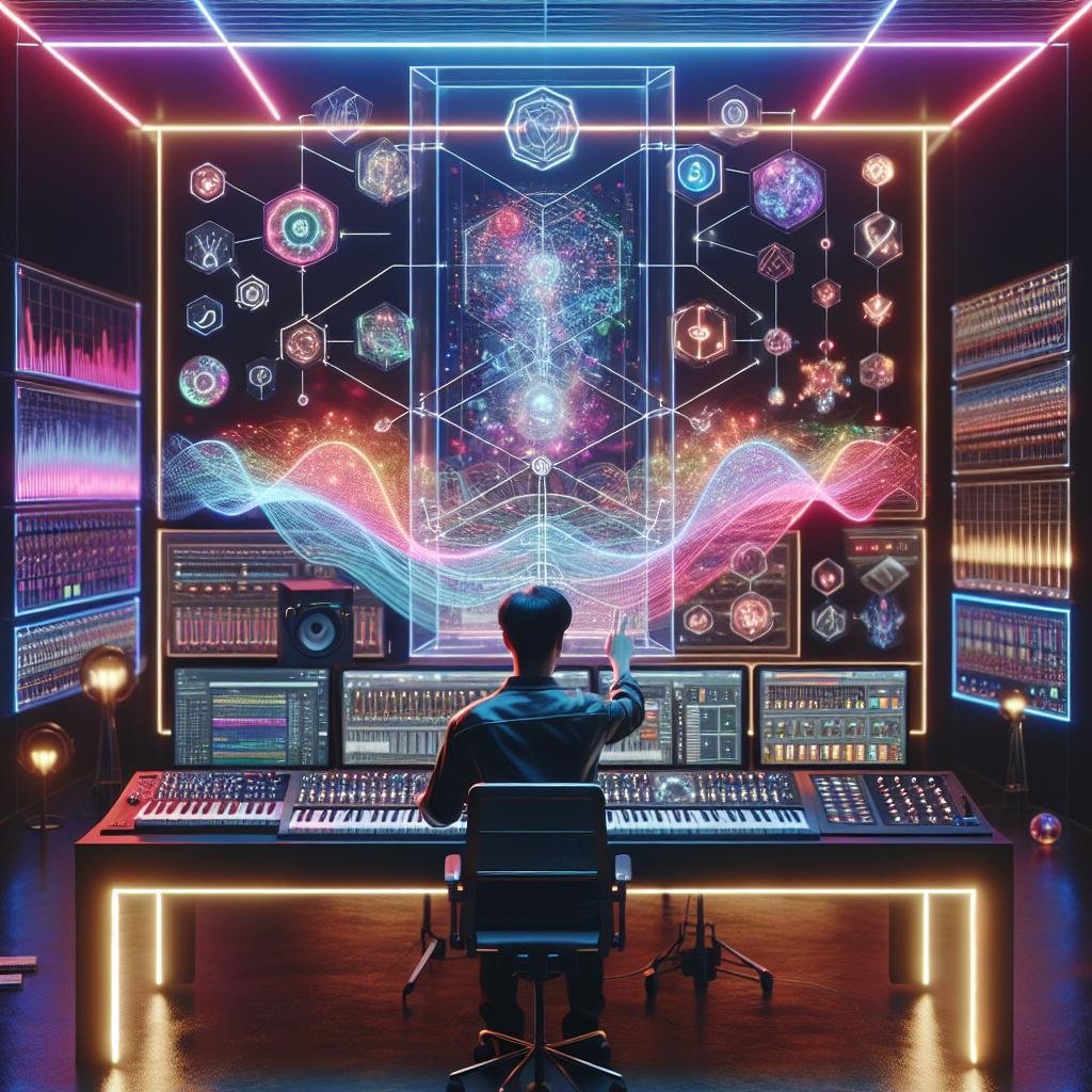 Futuristisches Musikstudio mit digitaler Audio-Workstation, holographischen Diagrammen und einem jungen Musiker, der eine Melodie auf einem transparenten Touchscreen erstellt.