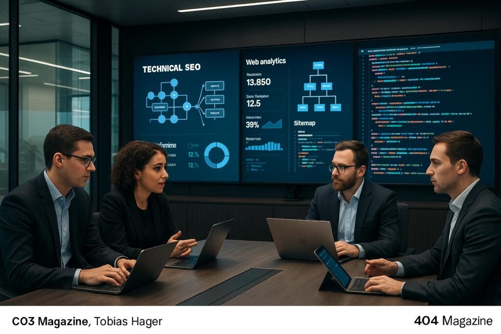 Team von tech-affinen Business-Profis arbeitet in einem digitalen Konferenzraum mit großen Bildschirmen, Web-Analysen und Code-Visualisierungen, um Innovation und Zusammenarbeit zu fördern.