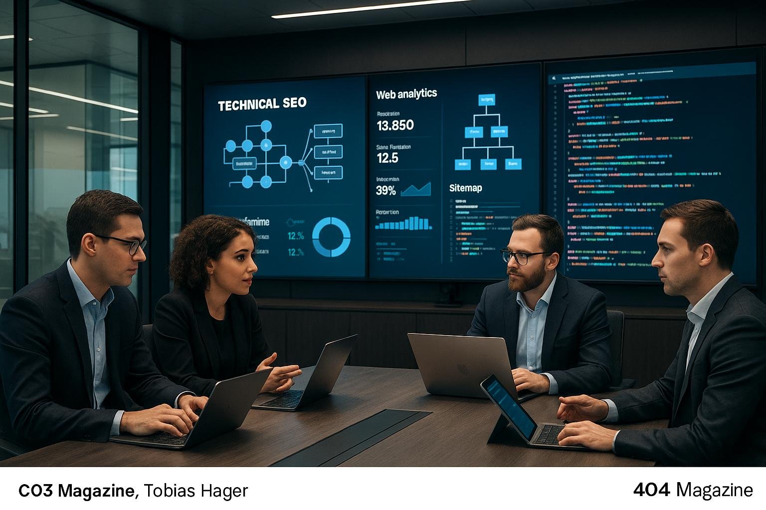 Team von tech-affinen Business-Profis arbeitet in einem digitalen Konferenzraum mit großen Bildschirmen, Web-Analysen und Code-Visualisierungen, um Innovation und Zusammenarbeit zu fördern.