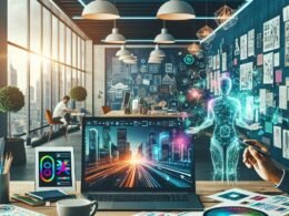 Person hält digitalen Stift vor einem Laptop mit KI-generierter futuristischer Stadtlandschaft, umgeben von Skizzen, Farbkarten und Whiteboards in einem modernen, hellen Büro.