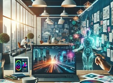 Person hält digitalen Stift vor einem Laptop mit KI-generierter futuristischer Stadtlandschaft, umgeben von Skizzen, Farbkarten und Whiteboards in einem modernen, hellen Büro.