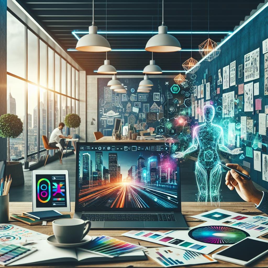 Person hält digitalen Stift vor einem Laptop mit KI-generierter futuristischer Stadtlandschaft, umgeben von Skizzen, Farbkarten und Whiteboards in einem modernen, hellen Büro.