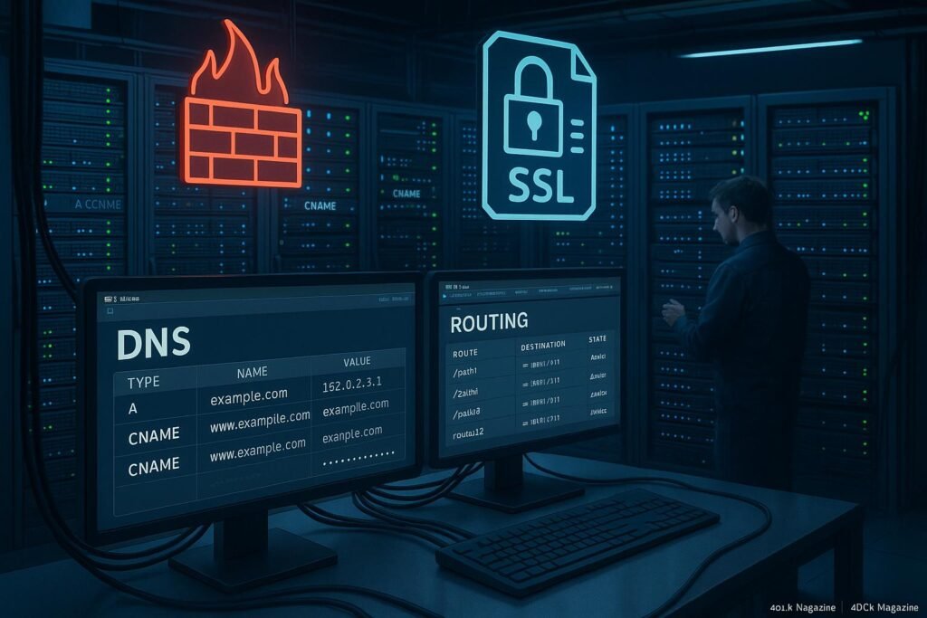 Serverraum mit Serverracks, Firewalls, SSL-Zertifikaten und Monitoren mit DNS-Konfigurationssoftware, Person arbeitet an Server, Kabel ordentlich verlegt