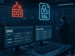 Serverraum mit Serverracks, Firewalls, SSL-Zertifikaten und Monitoren mit DNS-Konfigurationssoftware, Person arbeitet an Server, Kabel ordentlich verlegt