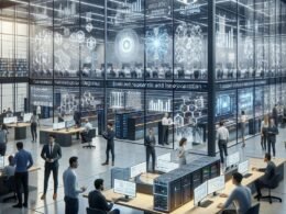 Futuristisches Forschungslabor in Hessen mit digitalen Datenvisualisierungen, Forschern und hochentwickelter Hardware.