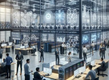 Futuristisches Forschungslabor in Hessen mit digitalen Datenvisualisierungen, Forschern und hochentwickelter Hardware.