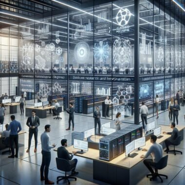 Futuristisches Forschungslabor in Hessen mit digitalen Datenvisualisierungen, Forschern und hochentwickelter Hardware.