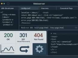 Screenshot eines Webservers mit Konfigurationsdateien, URL-Strukturen, Server-Response-Codes und Redirect-Regeln, ergänzt durch Diagramme und Icons zur Erklärung der HTTP-Statuscodes.