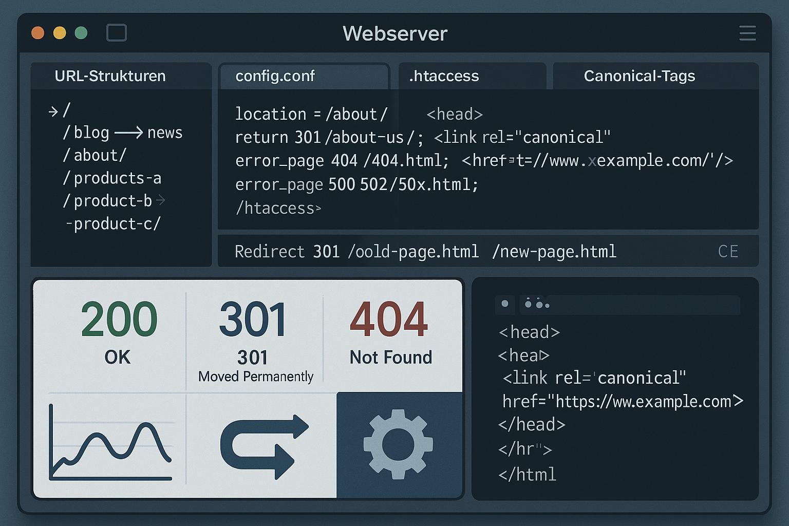 Screenshot eines Webservers mit Konfigurationsdateien, URL-Strukturen, Server-Response-Codes und Redirect-Regeln, ergänzt durch Diagramme und Icons zur Erklärung der HTTP-Statuscodes.