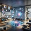 Futuristisches Wohnzimmer mit digitaler Wanddisplay, holographischem KI-Interface und adaptive Beleuchtung, das Innovation und Komfort verbindet.