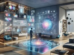 Futuristisches Wohnzimmer mit digitaler Wanddisplay, holographischem KI-Interface und adaptive Beleuchtung, das Innovation und Komfort verbindet.