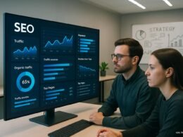 Zwei Marketers in einem modernen, hell beleuchteten Büro betrachten einen großen Bildschirm mit SEO-Analysen, Dashboards und Diagrammen, im Hintergrund Whiteboard mit Strategien, Credit: 404 Magazine (Tobias Hager).