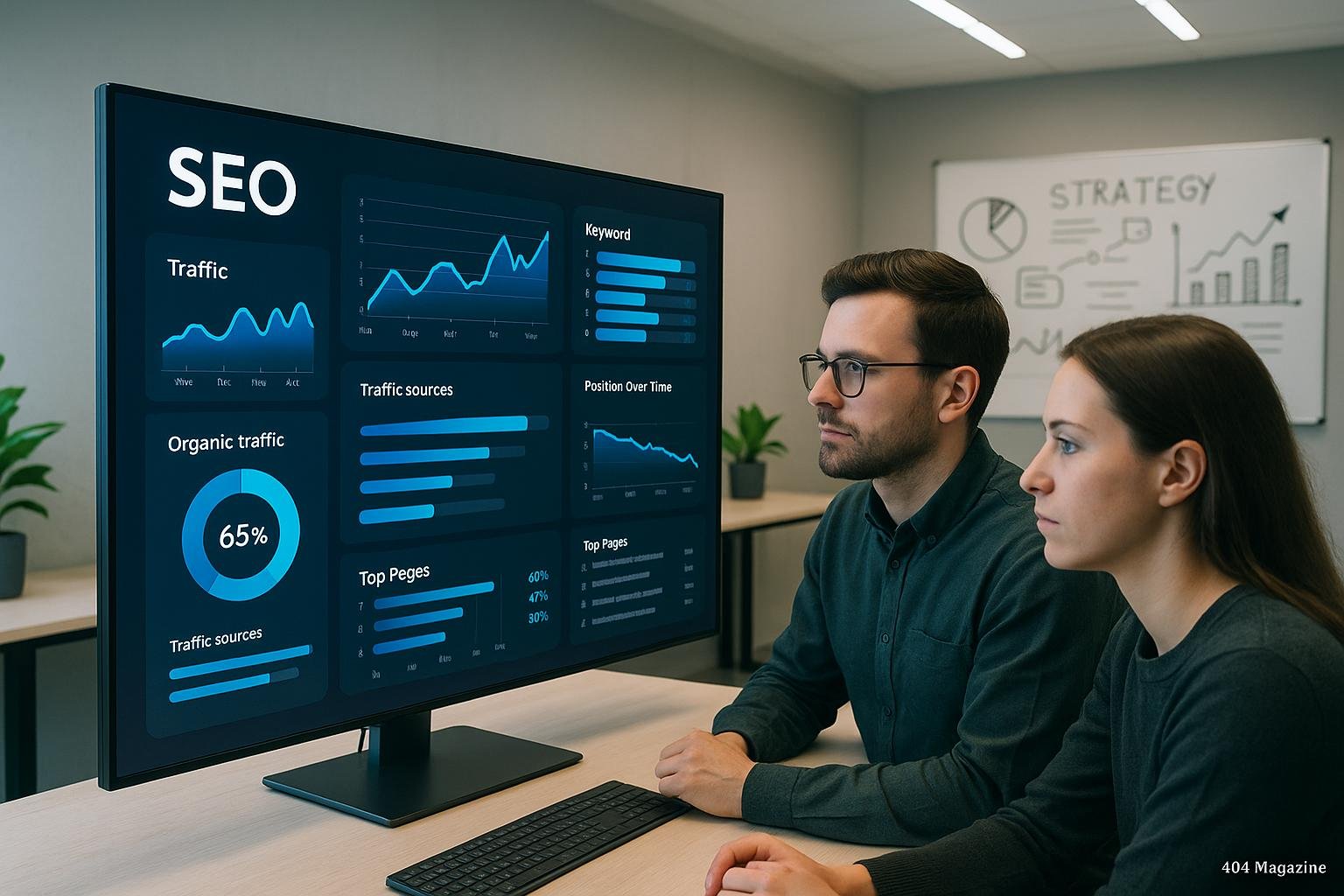 Zwei Marketers in einem modernen, hell beleuchteten Büro betrachten einen großen Bildschirm mit SEO-Analysen, Dashboards und Diagrammen, im Hintergrund Whiteboard mit Strategien, Credit: 404 Magazine (Tobias Hager).