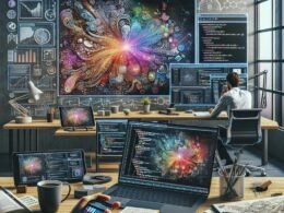 Moderner Arbeitsplatz mit Laptop, Tablet, digitalem Monitor, Skizzenbuch, Kaffeetasse, Pflanze und Person, die KI-Tools nutzt, bei Tageslicht im hellen Büro.