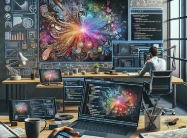 Moderner Arbeitsplatz mit Laptop, Tablet, digitalem Monitor, Skizzenbuch, Kaffeetasse, Pflanze und Person, die KI-Tools nutzt, bei Tageslicht im hellen Büro.